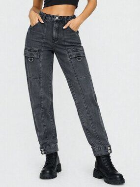 PrettyLittleThing Cargo Jeans Washed Black Utility High Rise UK 8 US 4